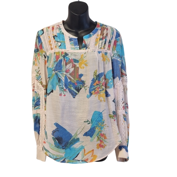Zac & Rachel Tops - Zac & Rachel Women's Multi Color Floral Print Blouse Lace Trimmed Long Sleeve M